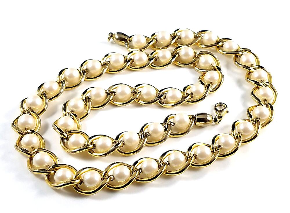 Vintage Glass Pearl Long Necklace, Strung on Chain, Gold Plated, 1980s, 23"